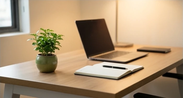 Chậu cây cảnh mini đặt ngay ngắn tại góc bên trái mặt bàn làm việc thuộc phương vị Thanh Long văn phòng