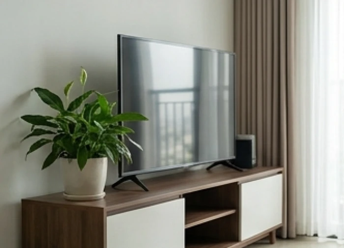 Chậu cây xanh cảnh quan được đặt cách xa mép kệ tivi để tránh bức xạ nhiệt làm héo úa phần đầu lá