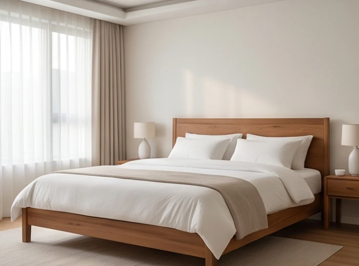 Giường ngủ bằng gỗ chắc chắn được bố trí gọn gàng không bị xà ngang đè lên