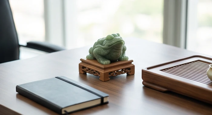 Tượng Thiềm Thừ ngậm tiền đặt ở góc chéo quay đầu vào phía trong vị trí ngồi làm việc