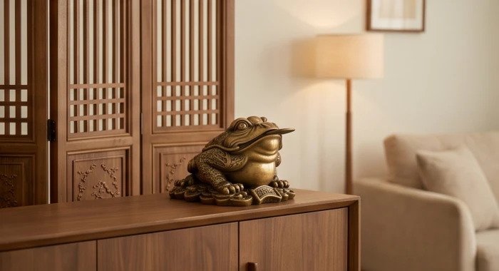 Tượng thiềm thừ bằng đồng được đặt tại góc tường tĩnh lặng bên cạnh bình phong che chắn trong phòng khách