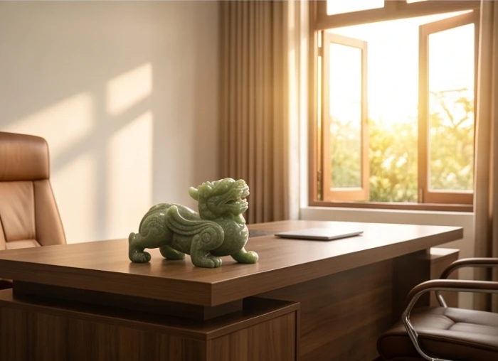 Tượng tỳ hưu phong thủy đặt góc trái mặt bàn làm việc xoay nghiêng chếch 45 độ hướng ra phía cửa chính