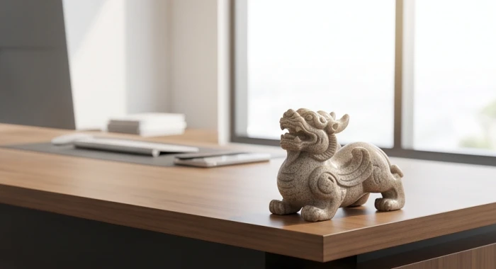 Tượng tỳ hưu phong thủy đặt tại góc chéo tài lộc trên bàn làm việc hướng ra cửa sổ