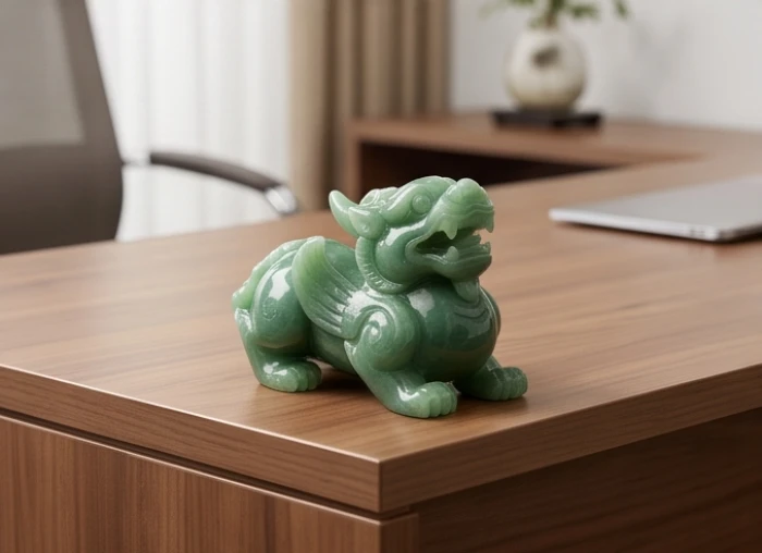 Tượng tỳ hưu bằng đá ngọc đặt tại góc chéo 45 độ trên bàn làm việc gỗ hướng ra phía cửa lớn