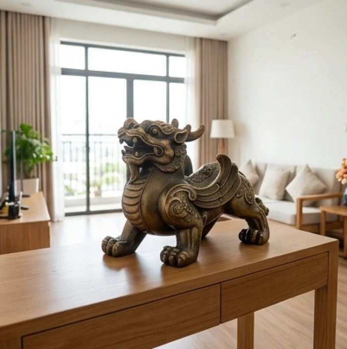 Tượng tỳ hưu chiêu tài bằng đồng đặt tại góc chéo tụ tài trong phòng khách hướng ra phía cửa