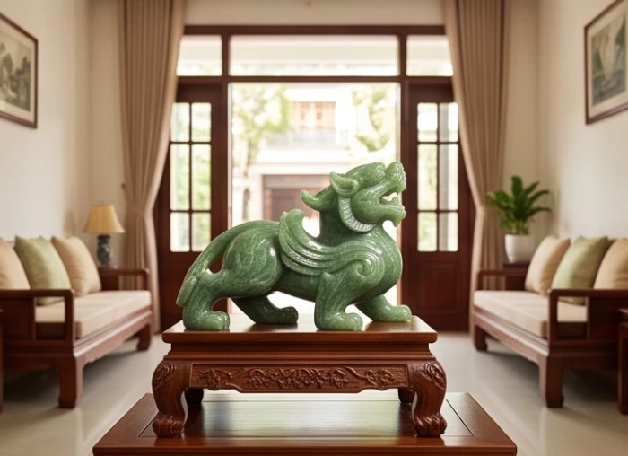 Tượng tỳ hưu đặt trang trọng trên đôn gỗ kệ tivi phòng khách với phần đầu xoay thẳng ra phía cửa chính
