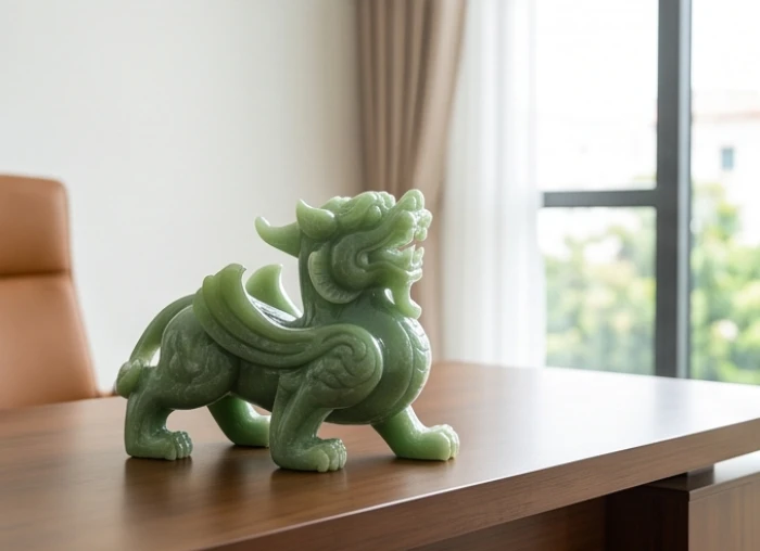 Tượng Tỳ Hưu bằng đá thạch anh đặt nghiêng 45 độ trên kệ sách phòng làm việc hướng ra cửa sổ lớn
