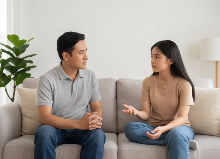 Cha và con gái ngồi vuông góc trên sofa giữ khoảng cách thoải mái khi trò chuyện giúp giảm căng thẳng tâm lý