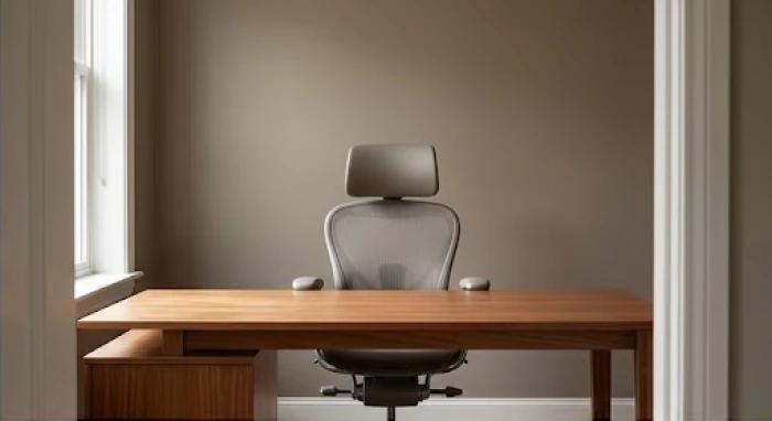 Ghế làm việc hiện đại được đặt vững chãi với phần lưng tựa vào bức tường kín đáo