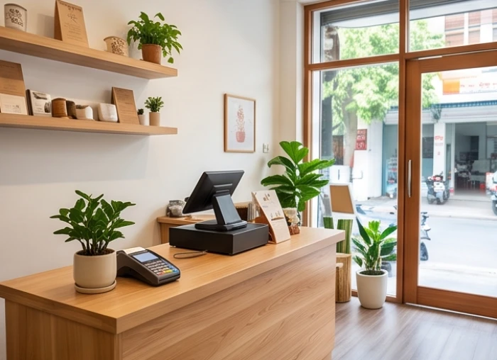 Quầy thu ngân bằng gỗ được đặt ở góc tĩnh của cửa hàng với tầm nhìn bao quát toàn cảnh
