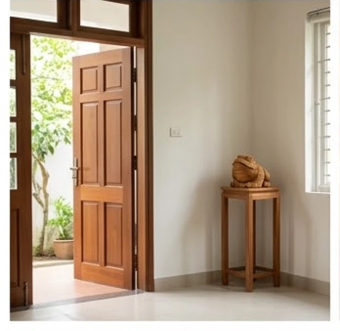 Không gian phòng khách nhìn từ cửa chính hướng góc chéo 45 độ nơi đặt đôn đỡ linh vật chiêu tài