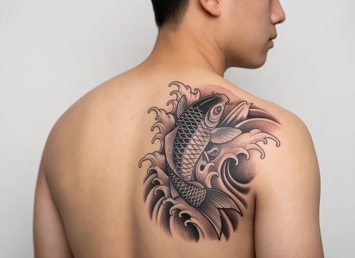 Hình xăm cá chép vượt vũ môn đặt ở nửa lưng trên của nam giới giúp thu hút luồng dương khí