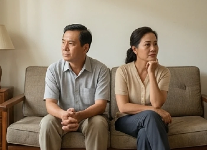 Cặp vợ chồng trung niên đang ngồi ở hai phía của chiếc sô pha trong một không gian phòng khách tĩnh lặng