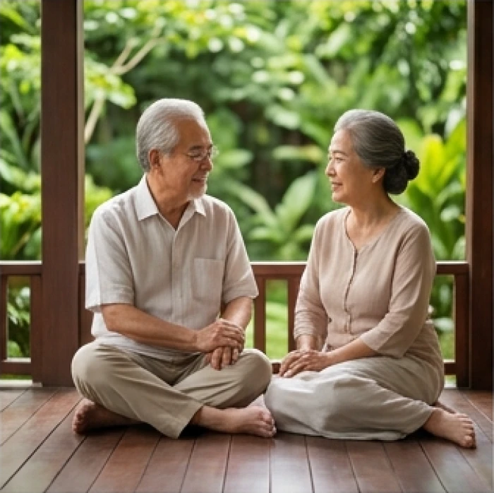 Đôi vợ chồng cao niên ngồi trò chuyện vui vẻ bên hiên nhà thể hiện luồng sinh khí tốt của Cung Phi Bát Trạch