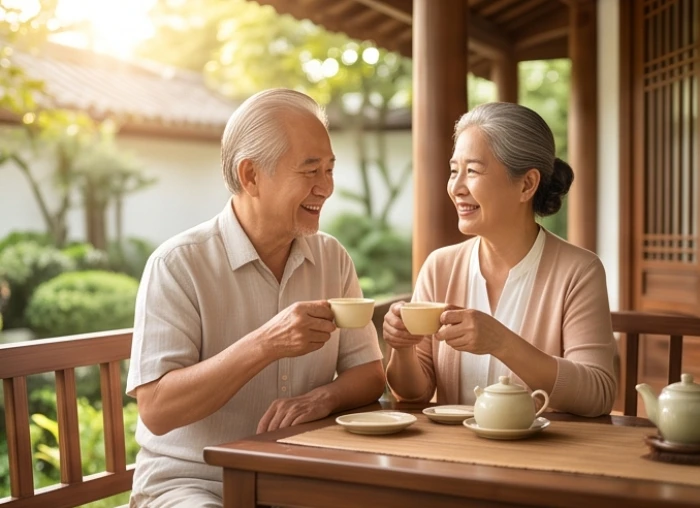 Cặp vợ chồng cao tuổi ngồi uống trà và trò chuyện vui vẻ bên thềm nhà truyền thống trong buổi sáng yên bình