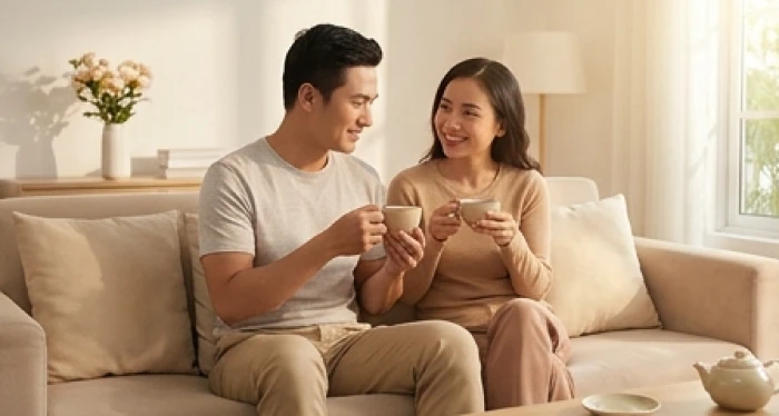 Cặp đôi trẻ tuổi Mậu Dần cùng nhau thưởng trà và trò chuyện ấm cúng trong phòng khách vào dịp cuối tuần