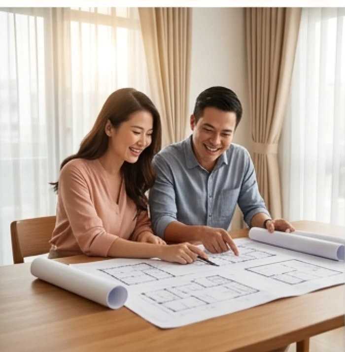Hai vợ chồng xem xét bản vẽ thiết kế ngôi nhà mới trong không gian sống hiện đại thể hiện sự đồng thuận gia đạo