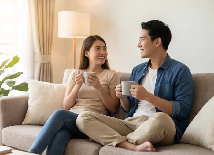 Cặp vợ chồng trẻ đang ngồi thưởng thức trà trên sofa trong phòng khách với không gian ấm cúng
