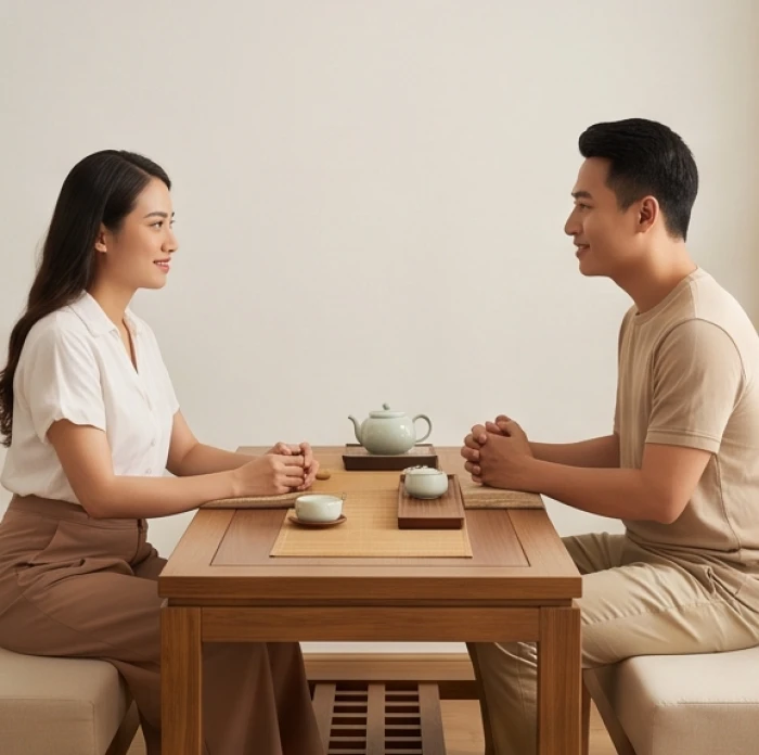 Đôi vợ chồng cùng sinh năm 2000 trò chuyện và chia sẻ quan điểm sống trong phòng khách gia đình