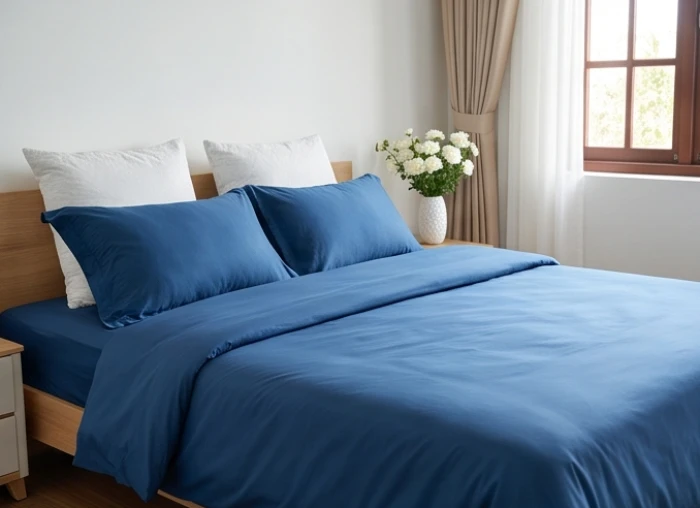 Bộ chăn ga gối nệm màu xanh dương đậm trong phòng ngủ giúp xoa dịu cục diện tự hình Dậu Dậu.
