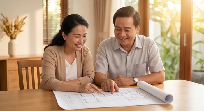 Hai vợ chồng độ tuổi trung niên đang cùng nhau mỉm cười xem xét bản thiết kế nhà ở trên bàn ăn