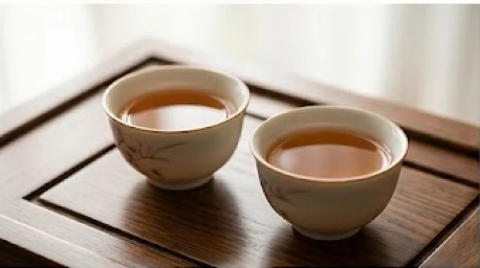 Hai tách trà được đặt song song trên bàn gỗ tượng trưng cho sự bình hòa của vợ chồng cùng tuổi