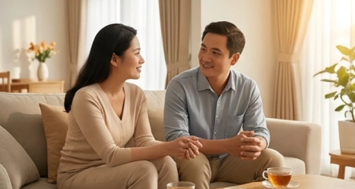 Cặp đôi vợ chồng ngồi uống trà và trò chuyện cởi mở để tháo gỡ những khúc mắc trong đời sống gia đạo