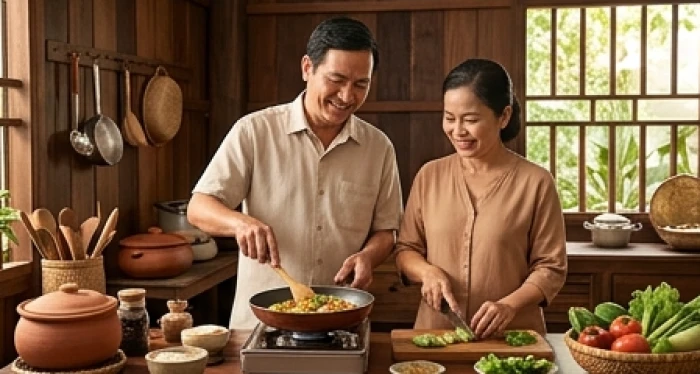 Hai vợ chồng trung niên cùng nhau san sẻ công việc gia đình trong không gian bếp ấm cúng và hạnh phúc
