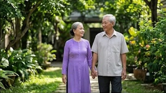 Đôi vợ chồng cao tuổi ngồi thảnh thơi dạo bước cùng nhau trong sân vườn