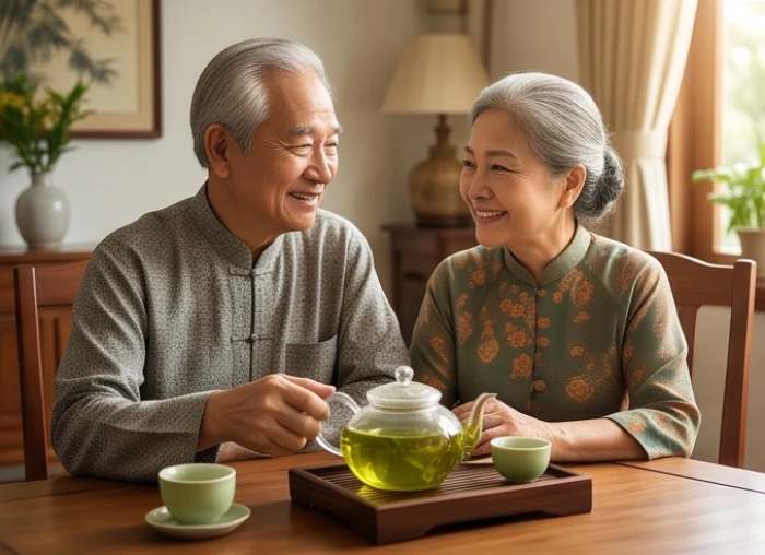 Đôi vợ chồng lớn tuổi đang cùng nhau uống trà và trò chuyện vui vẻ trong phòng khách ấm cúng