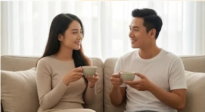 Đôi vợ chồng trẻ ngồi uống trà và bình tĩnh trò chuyện để tháo gỡ những vướng mắc nhỏ trong sinh hoạt