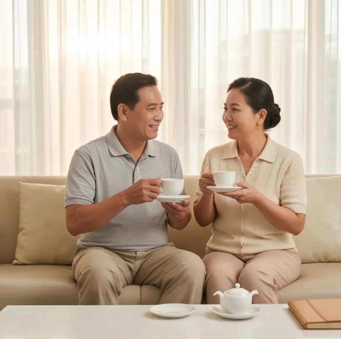 Vợ chồng trung niên uống trà bên nhau trong không gian phòng khách ấm cúng tràn ngập ánh sáng