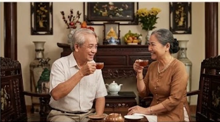 Cặp vợ chồng lớn tuổi đang cùng nhau thưởng thức trà và trò chuyện vui vẻ trong không gian ấm cúng