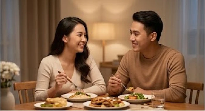 Hai vợ chồng trẻ đang vui vẻ thưởng thức bữa tối trong không gian ấm cúng