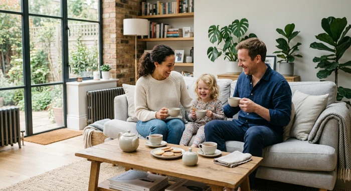 Gia đình nhỏ ba người cùng ngồi quây quần vui vẻ bên bàn trà phòng khách, thể hiện sự hòa hợp và gắn kết.