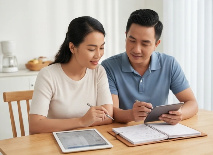 Cặp vợ chồng trẻ đang ngồi cùng nhau tính toán ngân sách sinh hoạt chung bằng máy tính bảng và sổ tay