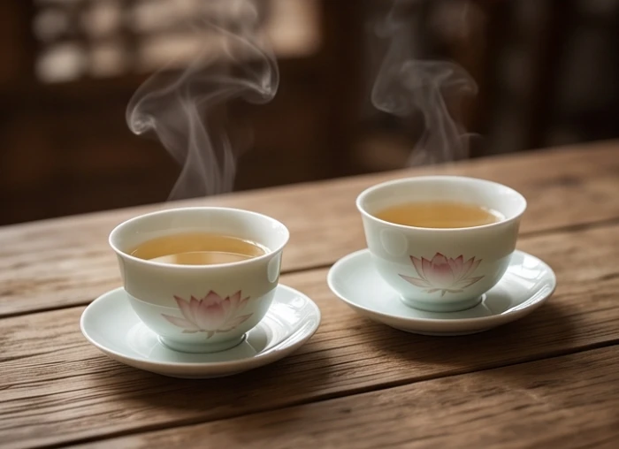 Hai ly trà sen ấm nóng đặt trên bàn gỗ tượng trưng cho sự viên mãn và bình yên của vợ chồng tuổi Mậu Thân ở tuổi xế chiều