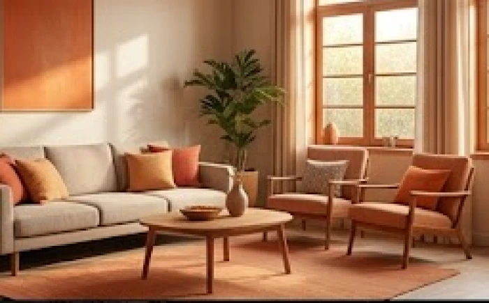Không gian phòng khách gia đình ấm cúng với tông màu nóng tượng trưng cho sự hòa hợp giữa Hỏa và Thổ