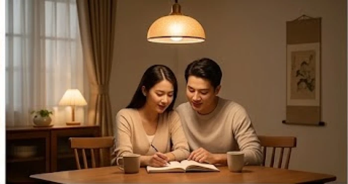Đôi vợ chồng trẻ đang ngồi cùng nhau bên sổ tay chi tiêu gia đình dưới ánh đèn vàng ấm áp