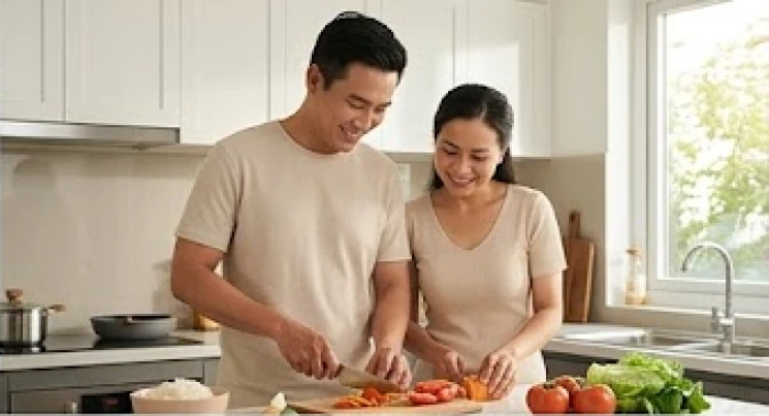 Cặp đôi vợ chồng tuổi Hợi và Mão cùng nhau nấu ăn vui vẻ trong không gian bếp gia đình ấm cúng