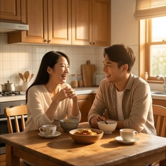 Bữa cơm gia đình đầm ấm của đôi vợ chồng trẻ trong không gian bếp ngập tràn ánh sáng