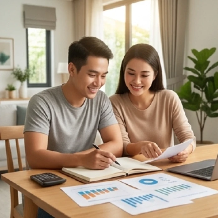 Cặp vợ chồng trẻ tuổi Sửu cùng nhau xem xét kế hoạch tài chính gia đình trong không gian phòng khách ấm cúng
