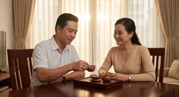 Vợ chồng gia chủ Tân Dậu cùng nhau pha trà và trò chuyện vui vẻ trong phòng khách ấm cúng