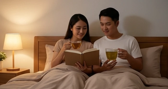 Cặp đôi trẻ tuổi Sửu cùng thư giãn đọc sách và uống trà ấm trong không gian phòng ngủ yên tĩnh