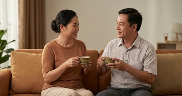 Vợ chồng tuổi Ất Sửu 1985 ngồi thưởng trà và trò chuyện nhẹ nhàng trong phòng khách để giữ hòa khí gia đình