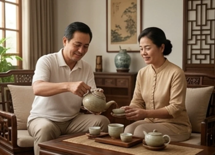 Cặp vợ chồng trung niên tuổi Kỷ Mùi đang cùng nhau thưởng trà trong không gian phòng khách mộc mạc