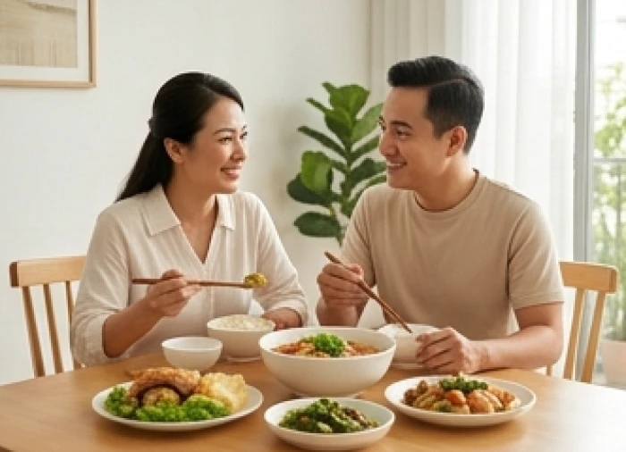 Bữa cơm gia đình đầm ấm của cặp vợ chồng thuộc nhóm tam hợp Hợi Mão Mùi với ánh sáng tự nhiên rực rỡ