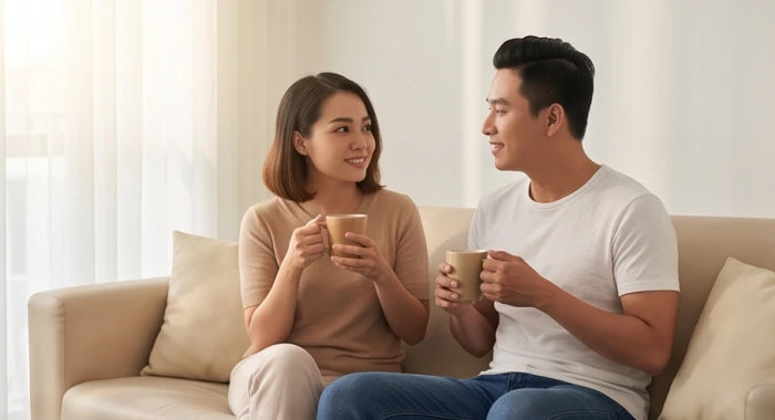 Cặp vợ chồng ngồi uống trà trò chuyện cởi mở trong phòng khách ấm cúng nhằm tháo gỡ những khúc mắc gia đạo