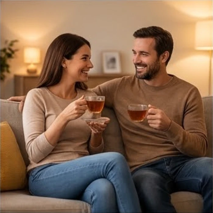 Hai vợ chồng ngồi uống trà và trò chuyện vui vẻ tại phòng khách giúp gắn kết tình cảm gia đình