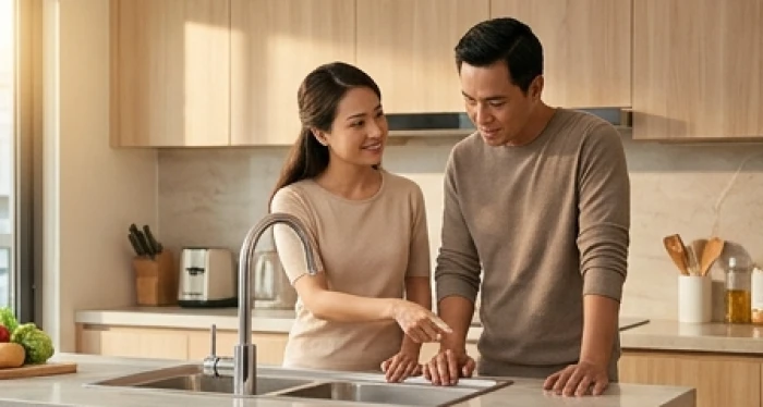 Người vợ mỉm cười nhẹ nhàng nhờ chồng kiểm tra lại đường ống nước trong gian bếp sáng sủa để phá vỡ sự giận dỗi